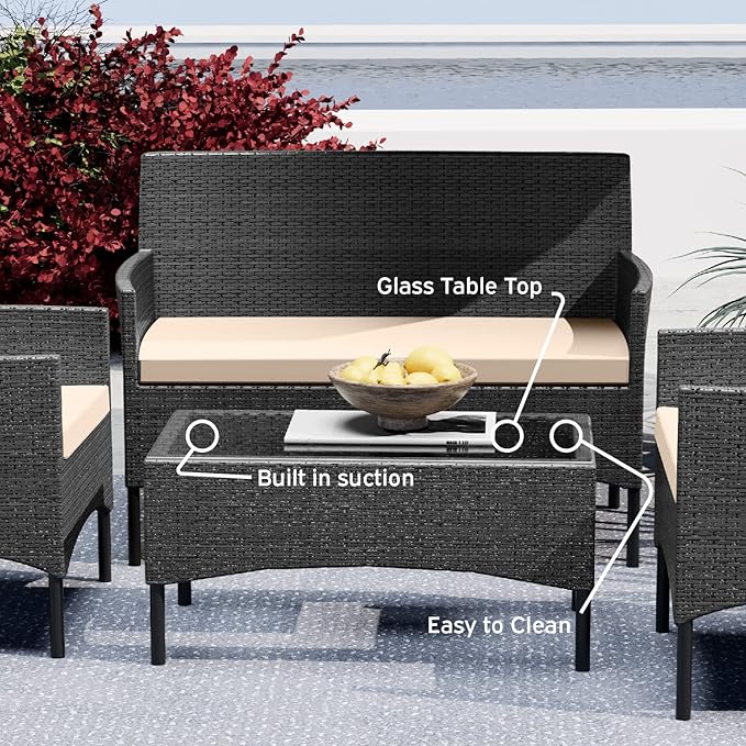 Nestl Outdoor Patio Furniture Sofas, Standard, Black Base/Beige Cushions