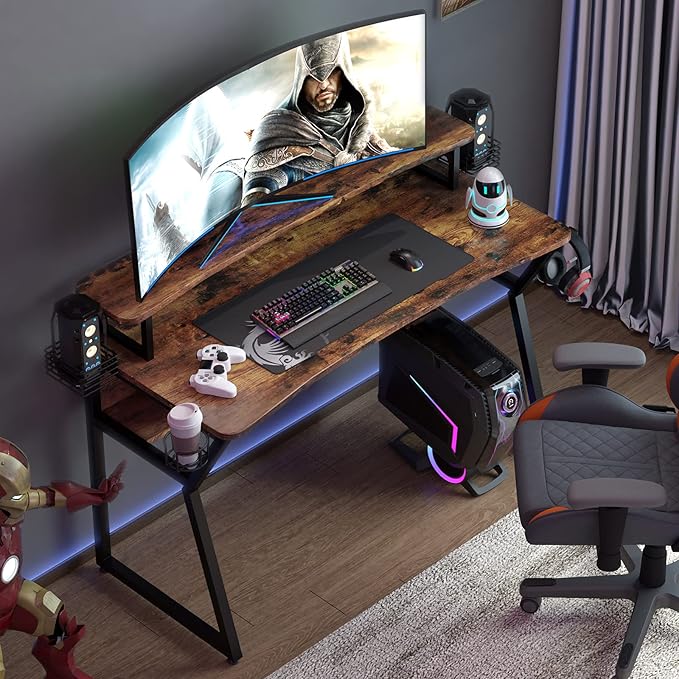 Gaming Desk, Computer Desk with Large Monitor Stand and Open Shelf, PC Laptop Gamer Table Workstation with Cup Holder, Headphone Hook, 2 Speaker Stand for Home Office (Rustic Brown)