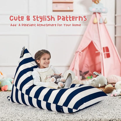 Nobildonna Stuffed Animal Storage Bean Bag for Kids (No Filler), Extra Large 250L Bean Bag Chair Cover Only, Washable Beanbag Without Filling Soft Premium Canvas Stuffable Bean Bag Cover (Blue/White)