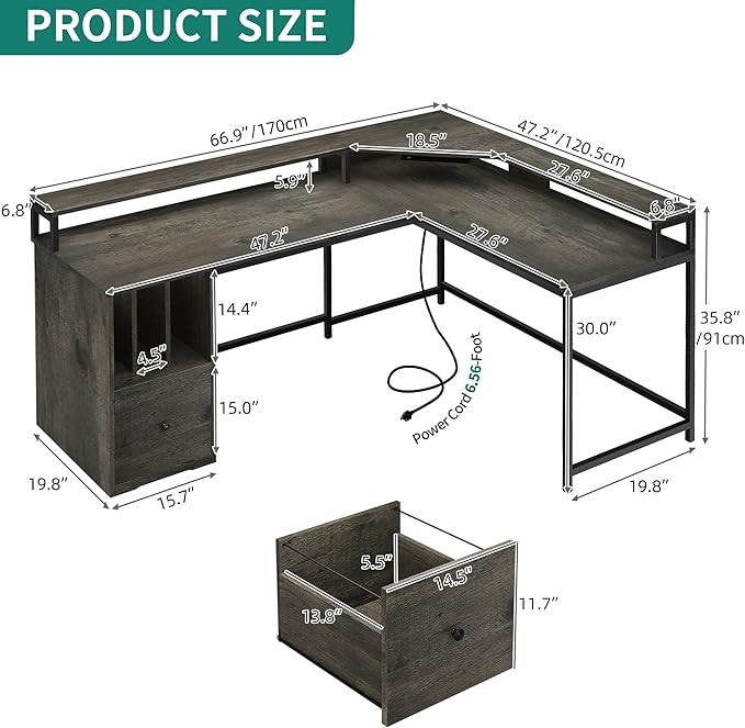 YITAHOME L Shaped Desk with Power Outlets & LED Lights, 67" Computer Desk with File Drawer, Corner Desk Home Office Desk with Monitor Stand & 3 Cubbies Storage Shelves, Grey