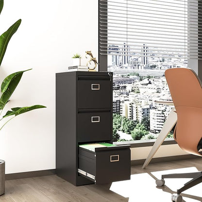 3 Drawer File Cabinet, Metal Vertical File Cabinets with Lock for Home Office, Office Steel Filing Cabinet for Hanging Files for A4/ Legal/Letter,Assembly Required (Black)