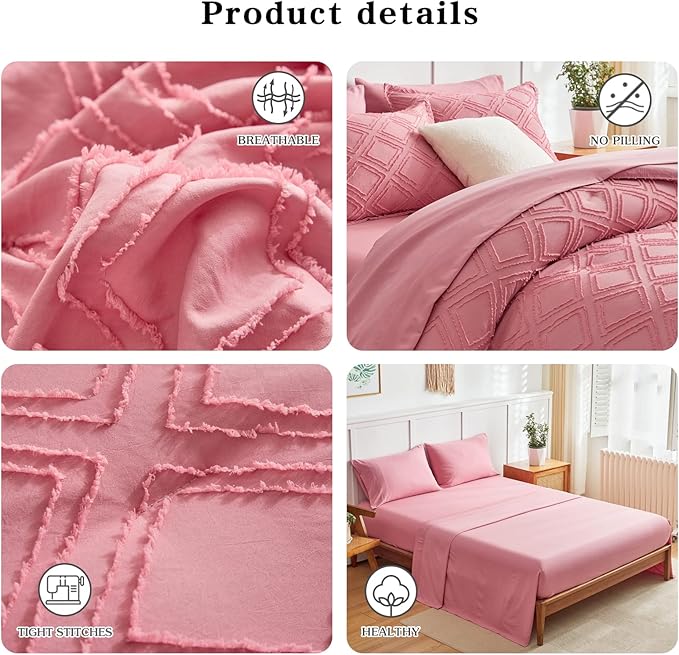 7 Pieces Tufted Bed in a Bag Queen Comforter Set with Sheets Pink, Soft and Embroidery Shabby Chic Boho Bohemian, Luxury Solid Color with Diamond Pattern, Jacquard Tufts Bedding Set for All Season