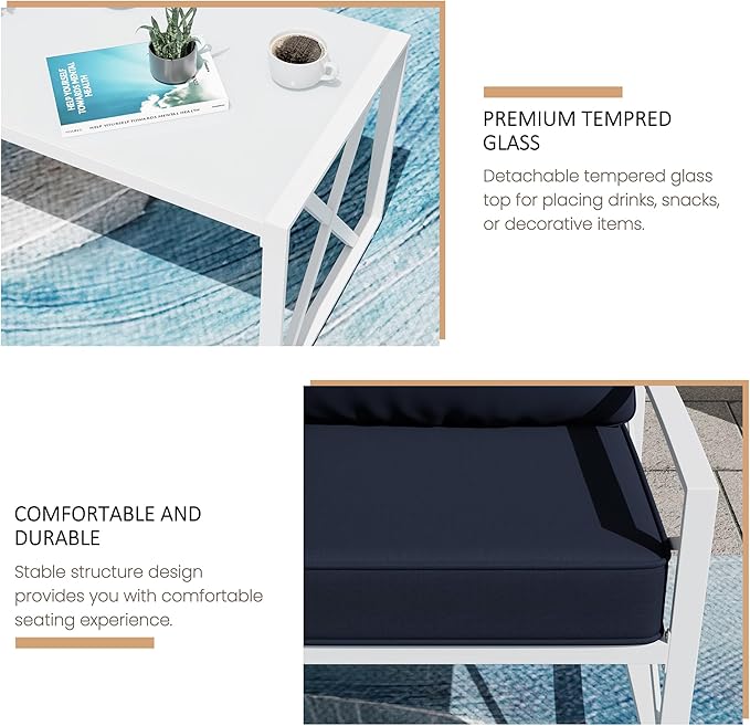 Shintenchi 3 Piece White Metal Outdoor Furniture Sectional Set, Modern Outdoor Metal Chair Conversation Furniture Set with Coffee Table for Patio,Backyard,Balcony (Dark Blue)