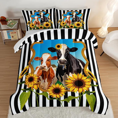 HOSIMA Animal Theme Bedding Set Bull and Cow Comforter with 2 Pillowcases,Black and White Stripes King Size Comforter Set for Adults Teens Kids,Sunflower Print Western Bedding Sets.