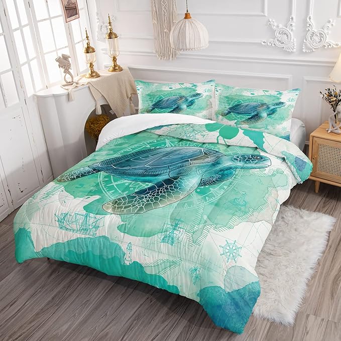 CVHOUSE Sea Turtle Bedding Set,Sea Turtle Comforter King,Ocean Bohemia Comforter Set for Boys Kids Girls,Ocean Quilt Set with 1 Comforter and 2 Pillow Cases