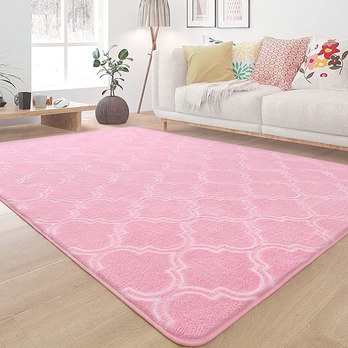Chicrug Shag Geometric Modern Area Rug for Bedroom, 5x7 Feet Memory Foam Indoor Carpet, Fluffy Rug for Living Room Bedside Room Decor for Family Girls Kids Nursery Play Mat, Pink/White