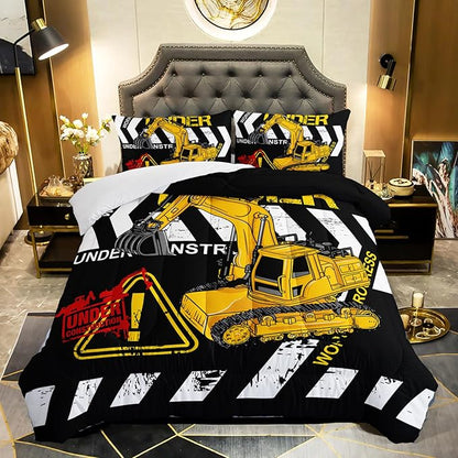 Excavator Comforter Twin Size,Construction Truck Comforter Set for Kids Teens Boys Girls,3Pcs Bedding Set Printed Comforter with 2 Pillowcases,Soft and Lightweight(Black，Twin Size)