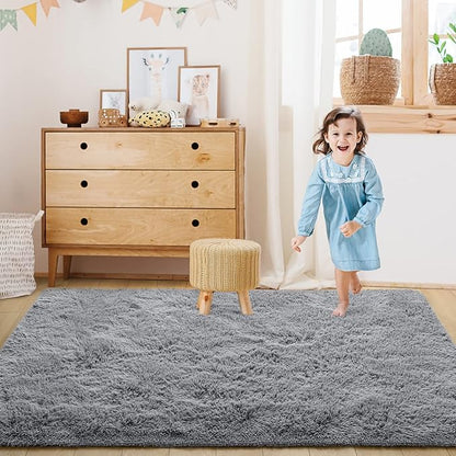 Super Soft Fluffy Shaggy Rugs 6x9 Feet for Living Room Bedroom, Fuzzy Plush Area Rugs for Girls Kids Room Nursery Home Decor, Furry Dorm Throw Rug Cute Non-Slip Indoor Floor Carpet, Grey