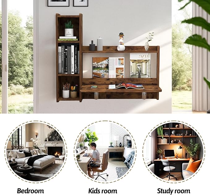 Pmnianhua Farmhouse Floating Desk,41''Wall Mounted Desk,L Shaped Folding Table,Fold Down Laptop Computer Desk with Storage for Wall Bedroom Small Space (Rustic Brown-Left)