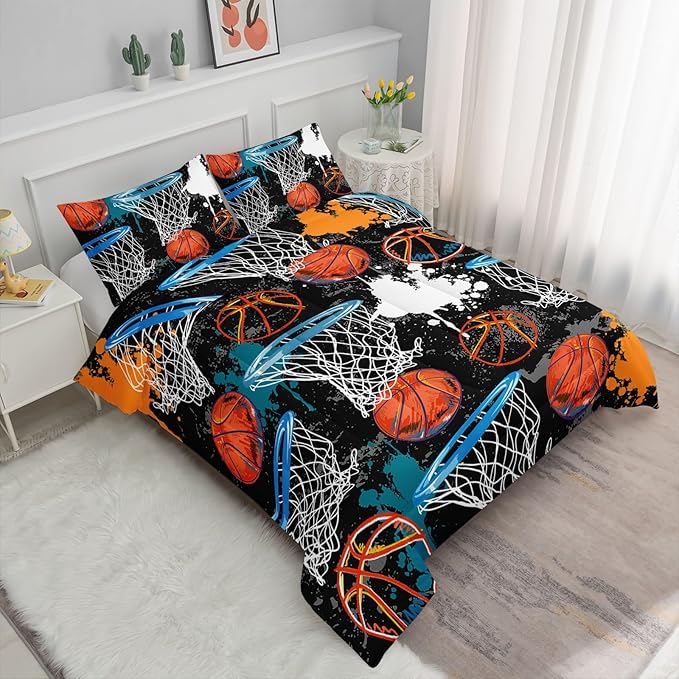 Axolotl Basketball Comforter Set Queen,Sports Comforter Set,Basketball Bedding Set,Sports Theme Comforter Set,Grunge Bedding Aesthetic Cool Style for Boys Kids Men,1 Quilt 2 Pillowcases,Black Blue