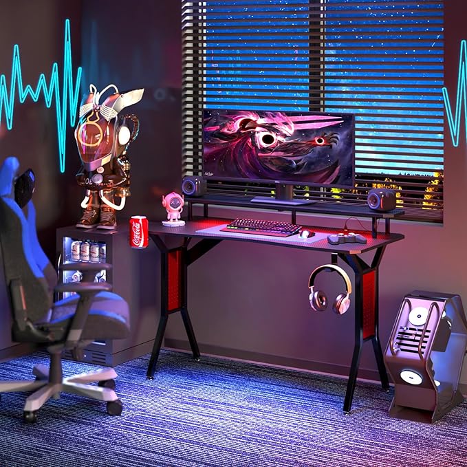 Gaming Desk with Power Outlets & LED Strip Lights,Computer Desk with Large Monitor Stand, Gamer Workstation with Stylish Metal Legs,Headphone Hook&Cup Holder for Home Office