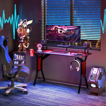 Gaming Desk with Power Outlets & LED Strip Lights,Computer Desk with Large Monitor Stand, Gamer Workstation with Stylish Metal Legs,Headphone Hook&Cup Holder for Home Office