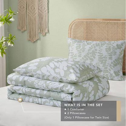 Codi Sage Green Comforter Set Queen Size, Floral Bedding Sets for Women | Nature Botanical Style, Unique Reversible Design, Better for Spring and Summer | Leaf Print 3 Pieces