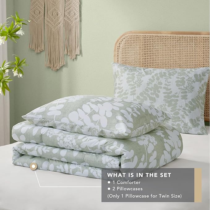 Codi Sage Green Comforter Set King Size, Floral Bedding Sets for Women | Nature Botanical Style, Unique Reversible Design, Better for Spring and Summer | Leaf Print 3 Pieces