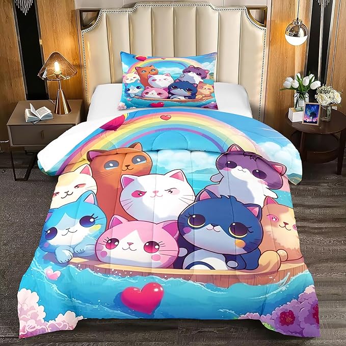 Cat Comforter Set - Cartoon Cat Bedding Sets Twin Comforter Set for Girls Kids Cute Kitty Design Animal Bedding Soft Breathable Cat Quilt for All Season, 1 Comforter 1 Pillowcase