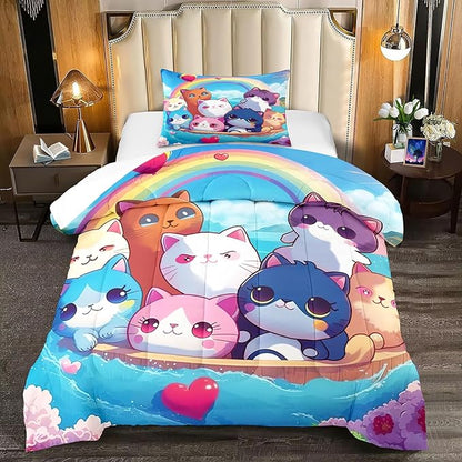 Cat Comforter Set - Cartoon Cat Bedding Sets Twin Comforter Set for Girls Kids Cute Kitty Design Animal Bedding Soft Breathable Cat Quilt for All Season, 1 Comforter 1 Pillowcase