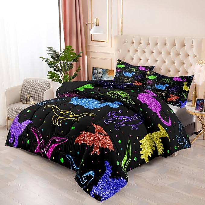 Cartoon Dinosaur Bedding Full Size, Kids Dinosaur Comforter Set for Boys Dinosaur Print Kids Bedding Set Soft Teens Boys Comforter Set Full Size (1 Comforter 2 Pillowcase)