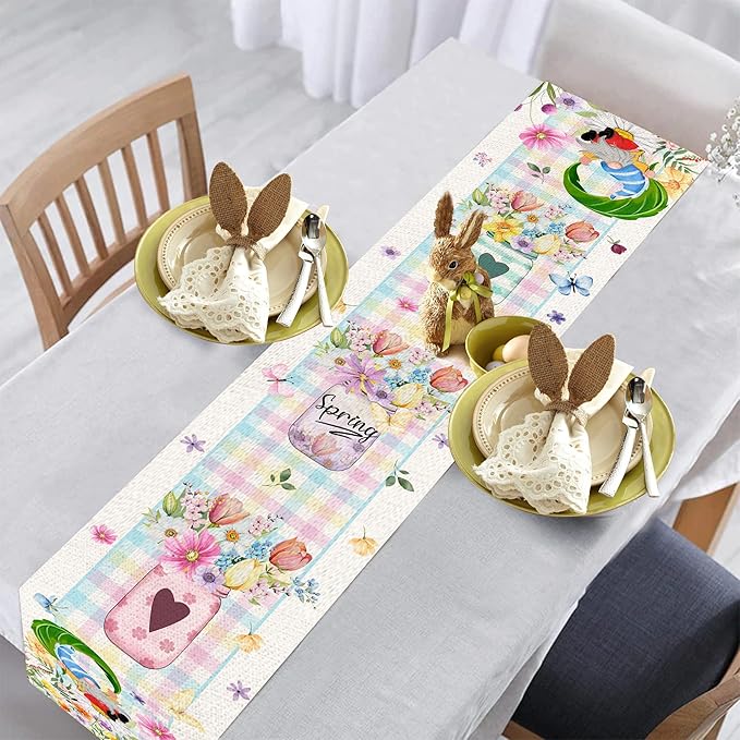 Spring Table Runner 72 Inches Long Spring Floral Flowers Table Runner Buffalo Plaid Check Decor for Kitchen Dining Table Home Party Decorations