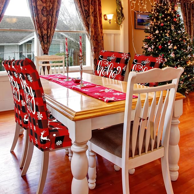 Ganeen 6 Pcs Christmas Chair Covers Merry Christmas Chair Back Cover Stretch Christmas Seat Cover Washable Xmas Dining Chair Protector Slipcover for Dining Room Kitchen Holiday Party(Plaid Style)