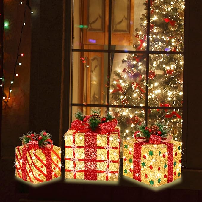 [Large 9.5"x8"x6.5" Christmas Set of 3 Lighted Gift Boxes Decorations Pre-lit 70 Super-Bright LED with Flashers,for Indoor Outdoor Christmas Tree Skirt Ornament Pathway Holiday Party Home