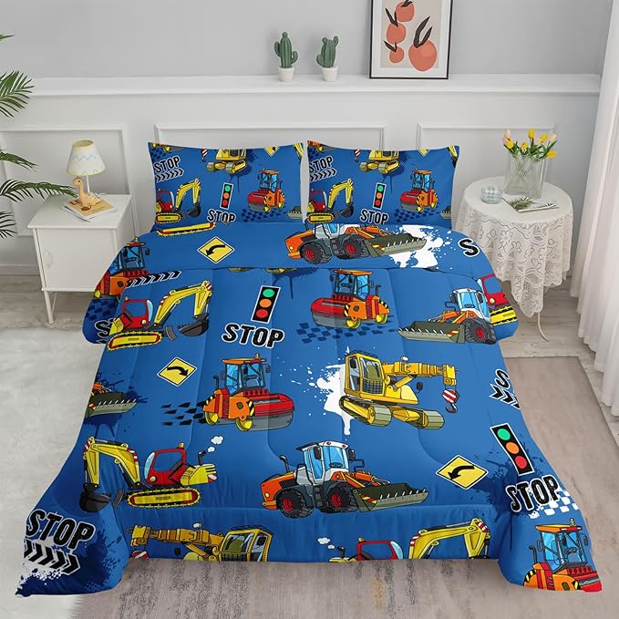 Axolotl Bedding Set, Twin, Blue Excavator, 3Pcs Boys Comforter, Polyester, All Seasons, Machine Wash, Bedding Set for Kids Children Teens Bedroom Decor
