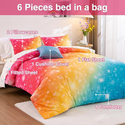 A Nice Night Gradient Glitter 6Pcs Bed in A Bag Bedding Set for Girls Full Size, Colorful Rainbow Galaxy Comforter Set, Ultra Soft Bedding Sets, YellowBlue
