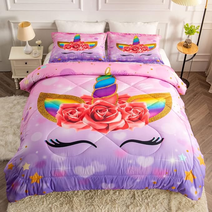 Unicorn Full Bedding Sets for Girls Kids Comforter Set Full Size with 2 Pillowcases Purple Unicorn Room Decor for Girls Bedroom Ultra Soft Machine Washable Toddler Bed Set