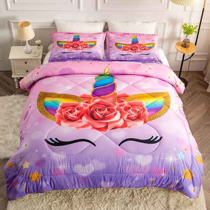 Unicorn Queen Bedding Sets for Girls Kids Comforter Set Queen Size with 2 Pillowcases Purple Unicorn Room Decor for Girls Bedroom Ultra Soft Machine Washable Toddler Bed Set