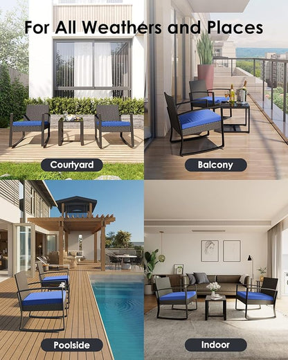 Patio Furniture Set 3 Pieces, Rattan Rocking Patio Chairs, Modern Outdoor Bistro Table and Chairs Conversation Set for Balcony Porch Garden Yard Poolside, Blue