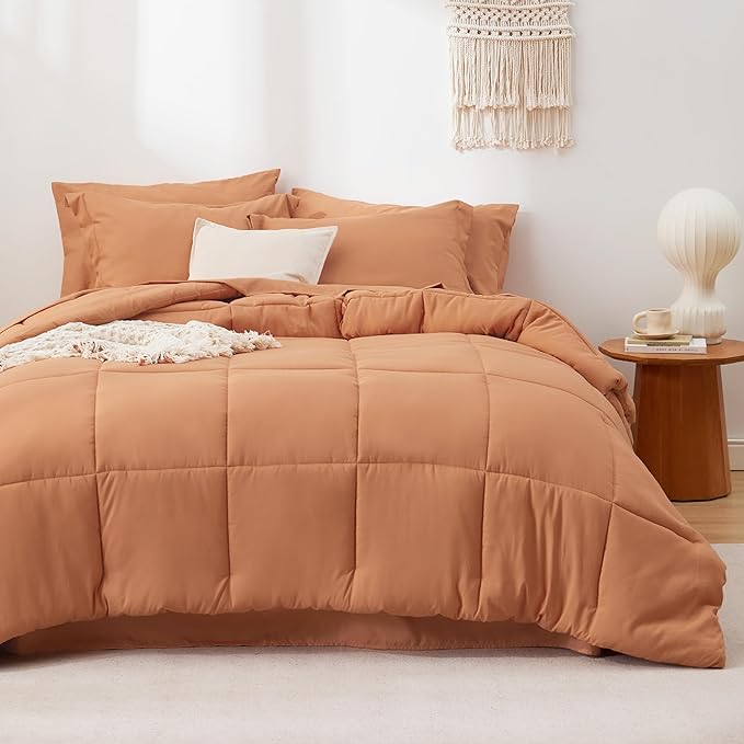 Bedsure Burnt Orange Queen Size Comforter Set - 7 Pieces Solid Queen Bed in a Bag, Queen Bed Set Burnt Orange with Quilted Warm Fluffy Comforters, Sheets, Pillowcases & Shams