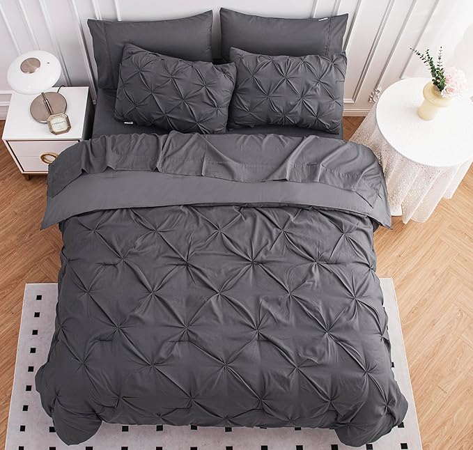 LANE LINEN Twin Comforter Set with Sheets, 5 Piece Twin Bed in a Bag Set, Pintuck Twin Bedding Sets, Ultra Soft Twin Bed Set, Fluffy Comforter, Twin Size Comforter Set with Pillowcases & Shams - Grey