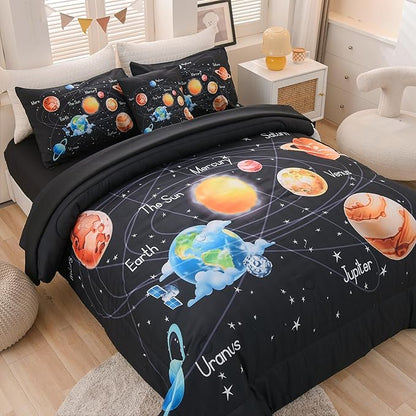 6 Pcs Outer Space Bedding Set Twin Solar System Comforter Set Universe Planets Theme Comforter for Boys Kids Ultra-Soft (1 Comforter, 2 Pillowcases, 1 Flat Sheet, 1 Fitted Sheet,1 Pillowcover)