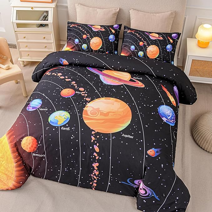 Solar System Comforter Set King Outer Space Room Decor Bedding Set 3 Pieces 1 Planets Theme Comforter and 2 Pillow Shams for Boys Kids Ultra-Soft Microfiber All Seasons for Bedroom Sofa