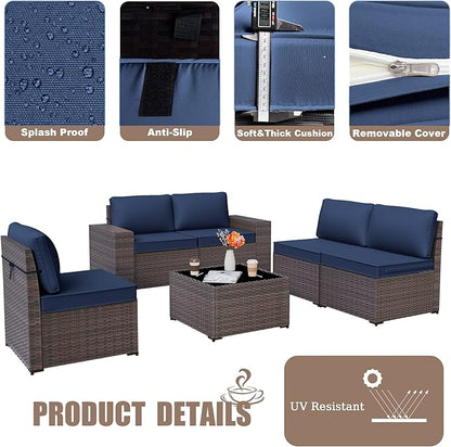 Patio Furniture Set Sofa 6pcs Wicker Sectional Sofa Set, Outdoor Furniture Rattan Patio Conversation Set with Thickened Cushions and Glass Coffee Table, Dark Blue