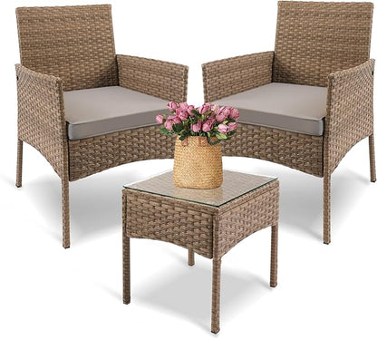 YIYAN 3 Pieces Patio Bistro Set Outdoor Wicker Furniture Outdoor Porch PE Rattan Wicker Chairs Furniture Sets with Sofa Chairs,Glass Coffee Table and Gray Washable Cushion