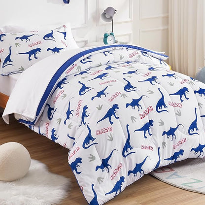 SLEEP ZONE Kids Bedding Set for Boys, Dinosaur Pattern, Super Soft and Breathable, All Season Use Comforter Set, 7 Pieces (Dinosaur Footprints, Full/Queen)