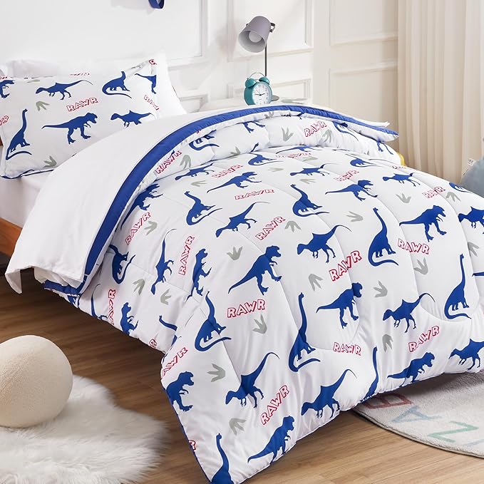 SLEEP ZONE Cartoon Dinosaur Comforter Set, Dark Blue Kids Bedding Set for Boys, Dinosaurs Print Comforter, Sheet, Pillowcase & Sham (Dinosaur Footprints, Twin)