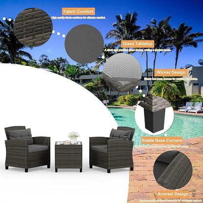 Shintenchi 3 Pieces Patio Furniture Set 3 Pieces PE Rattan Wicker Chairs with Table Outdoor Furniture for Backyard/Garden/Poolside/Outdoor Restaurant Gary Rattan with Gary Cushion