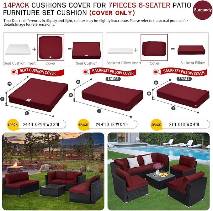 ClawsCover 14Pack Outdoor Patio Seat and Back Cushions Replacement Covers Fit for 7Pieces 6-Seater Wicker Rattan Sectional Couch Chair Furniture Set,Burgundy-Include Cover Only (Small)