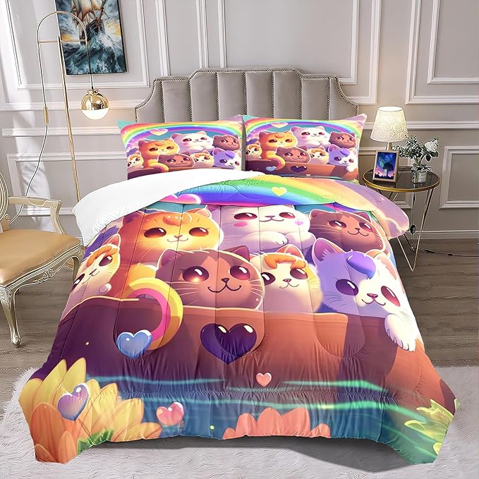 Cat Bedding Set Queen Size, Cartoon Cat Comforter Set, Lovely Animal Pattern and Rainbow Prints Bedding Sets for Kids Girls Kawaii Cat Queen Size Quilt Sets with 2 Pillowcases