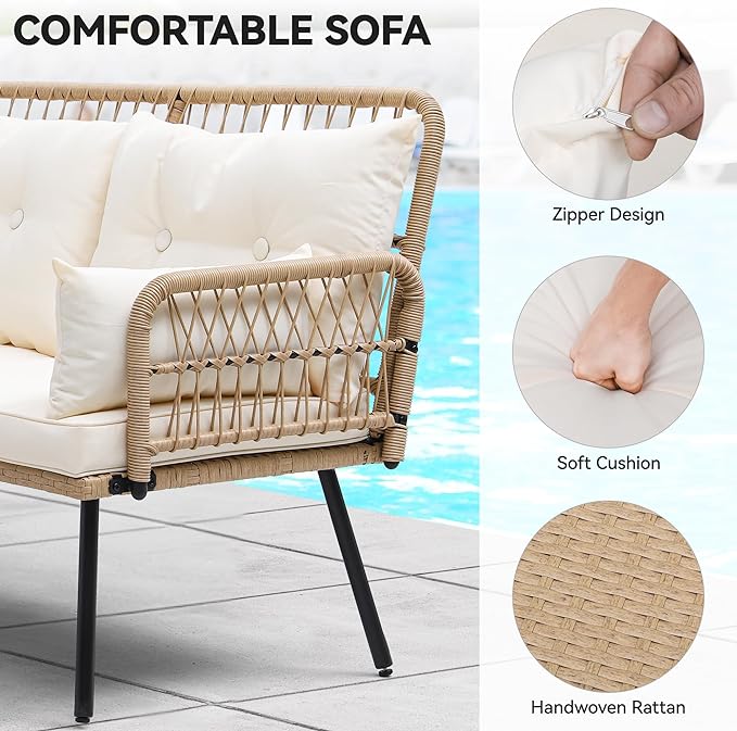 YITAHOME L-Shaped Patio Furniture Outdoor Loveseat Sectional Set for Backyard, Porch with Thick Cushions Detachable Lounger, Side Table (Light Brown+Beige)