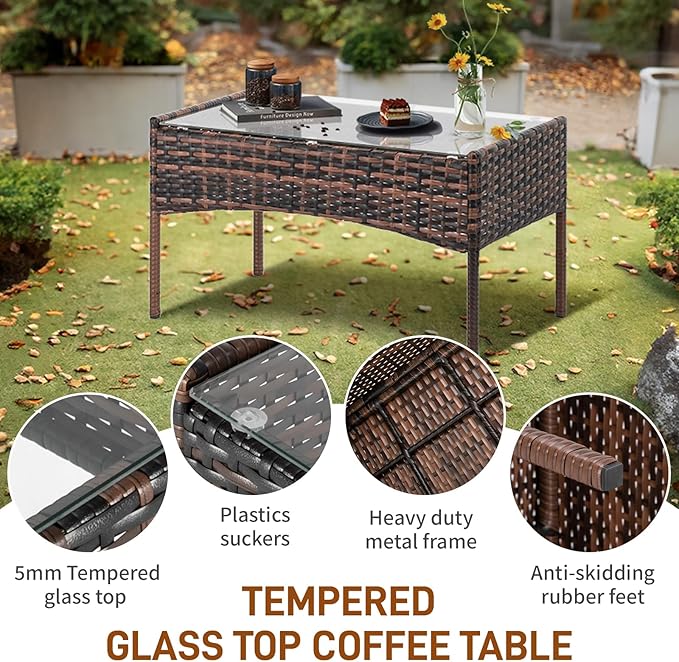 Outvita 4 Pieces Patio Furniture Set, Rattan Conversation Sets with Loveseat Soft Cushion and Glass Table for Garden Backyard Balcony Porch Poolside(Brown Gradient)