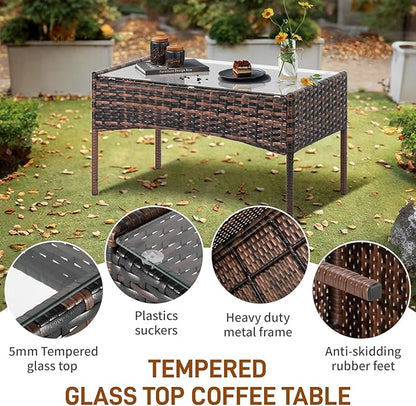 Outvita 4 Pieces Patio Furniture Set, Rattan Conversation Sets with Loveseat Soft Cushion and Glass Table for Garden Backyard Balcony Porch Poolside(Brown Gradient)