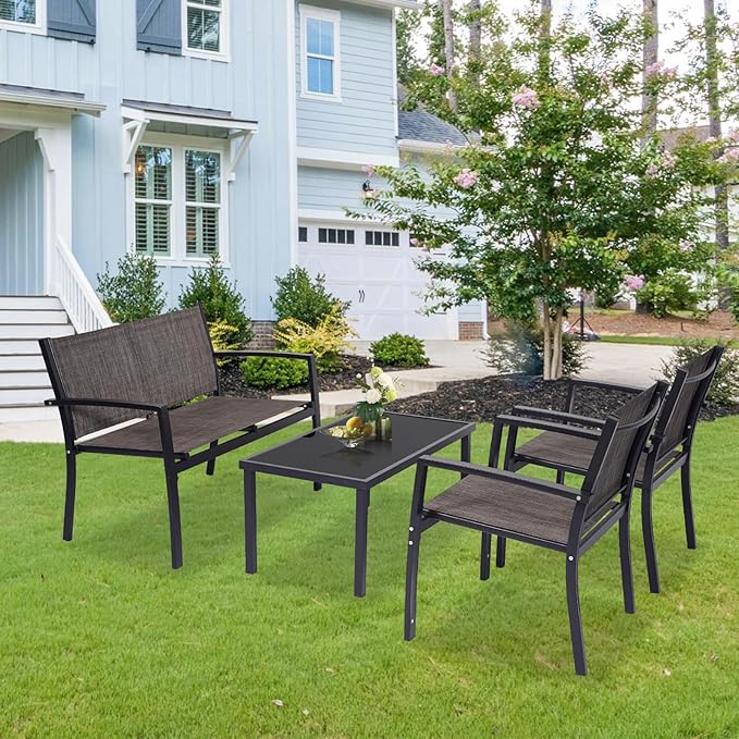 4 Pieces Patio Furniture Set Outdoor Garden Patio Conversation Sets Poolside Lawn Chairs with Tempered Glass Coffee Table Loveseat Porch Furniture Textilene Fabric Brown