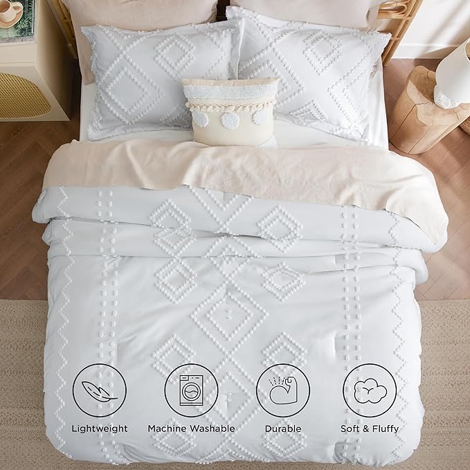 Bedsure Boho Comforter Set Queen - Linen Tufted Bedding Comforter Set, 3 Pieces Farmhouse Shabby Chic Embroidery Bedding Set, Soft Geometric Pattern Comforter for All Seasons