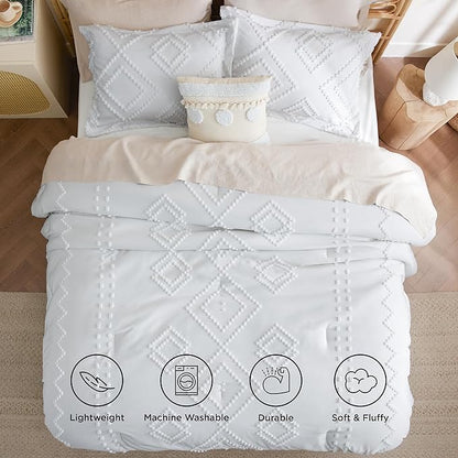 Bedsure Boho Comforter Set Queen - Linen Tufted Bedding Comforter Set, 3 Pieces Farmhouse Shabby Chic Embroidery Bedding Set, Soft Geometric Pattern Comforter for All Seasons