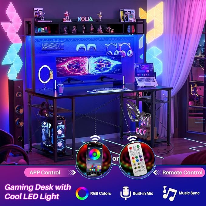 armocity 2024 Upgrade Gaming Desk with Hutch, 55.2'' Magic Computer Desk with LED Lights and Outlets, Reversible Workstation Desk with Pegboard and Monitor Stand, Gamer Desk PC Table, Black