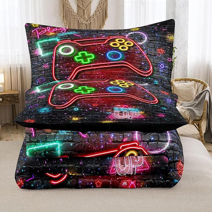 NINENINE Gamer Bedding Sets Twin Comforter Sets for Boys 5PCS Gaming Bedding Sets for Boys Black Bedding Comforter Sheet Set(1Comforter, 1Flat Sheet, 1Fitted Sheet, 2Pillowcases)…