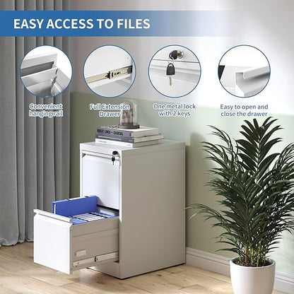 2 Drawer File Cabinet with Lock, Metal Vertical Filing Cabinets for Home Office, Steel Storage Cabinet for Hanging Legal/Letter Size Files, Assembly Required (White)