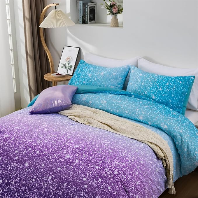 Holawakaka Kids Space Star Glitter Comforter Set Queen Size Girls Ombre Blue & Purple Print Gradient Teens Bedding Set Teens Galaxy Bed Sets (Blue Purple, Queen)